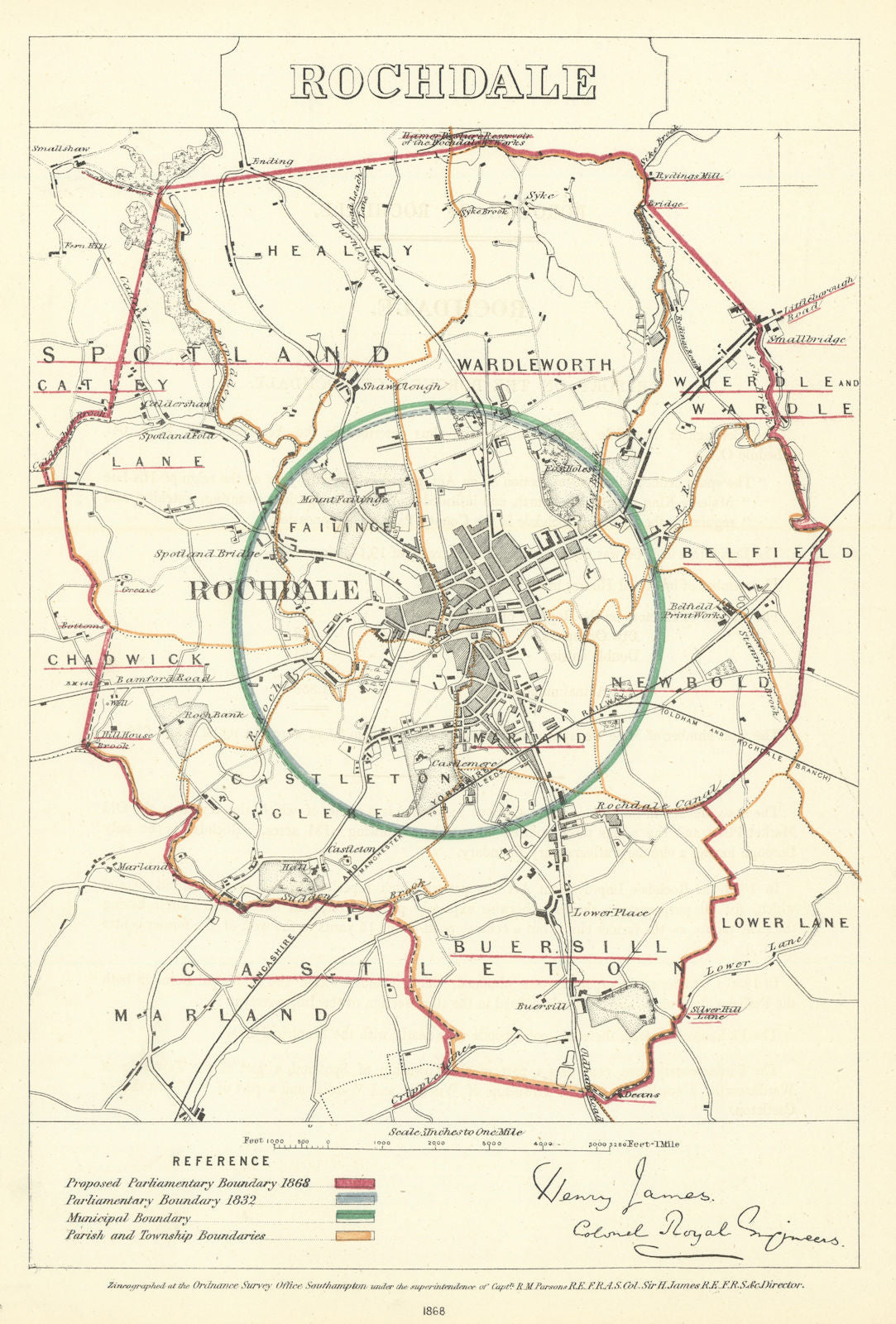 Rochdale, Lancashire. JAMES. Parliamentary Boundary Commission 1868 old map